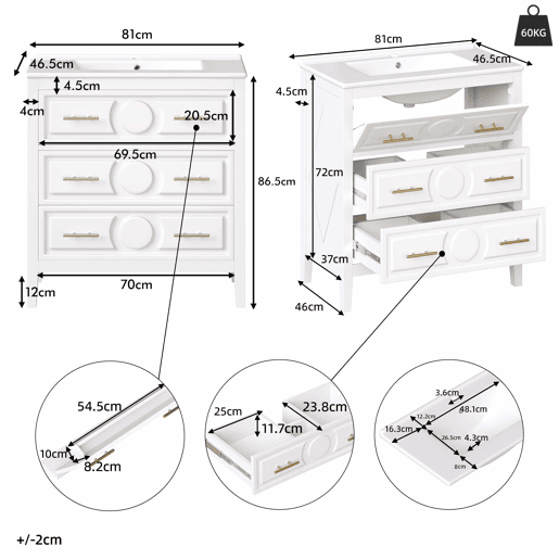Móvel de lavatório de 81 x 46,5 cm - 3 gavetas de estilo retro, lavatório em cerâmica, sistema de fecho suave, independente, puxadores metálicos - branco