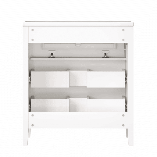 Móvel de lavatório de 81 x 46,5 cm - 3 gavetas de estilo retro, lavatório em cerâmica, sistema de fecho suave, independente, puxadores metálicos - branco