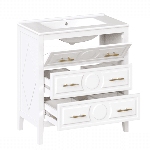 Móvel de lavatório de 81 x 46,5 cm - 3 gavetas de estilo retro, lavatório em cerâmica, sistema de fecho suave, independente, puxadores metálicos - branco