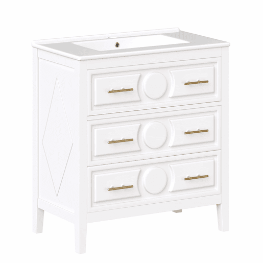 Móvel de lavatório de 81 x 46,5 cm - 3 gavetas de estilo retro, lavatório em cerâmica, sistema de fecho suave, independente, puxadores metálicos - branco