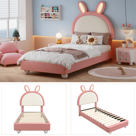 Cama de criança,cama de solteiro de pu 90x200 cm com luz led,rosa