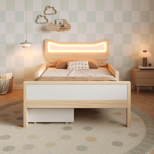 Cama de criança,cama de solteiro de madeira maciça 90x190 cm com luz led,natural+branco
