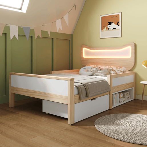 Cama de criança,cama de solteiro de madeira maciça 90x190 cm com luz led,natural+branco