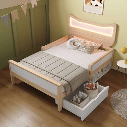 Cama de criança,cama de solteiro de madeira maciça 90x190 cm com luz led,natural+branco