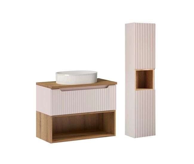 Mueble de lavabo individual de 80 cm y mueble columna riva cashmere y wood