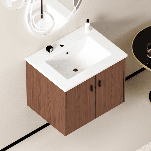 Móvel de casa de banho de 60 cm - amplo espaço de arrumação com 2 portas com fecho suave - castanho avermelhado