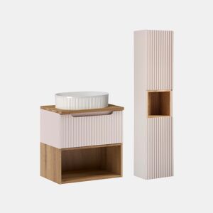 Conjunto móvel lavatório simples 60cm e coluna Riva Caxemira e Madeira