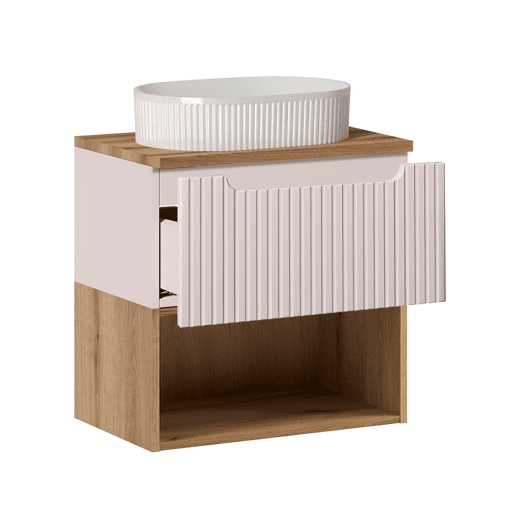 Conjunto móvel lavatório simples 60cm e coluna Riva Caxemira e Madeira