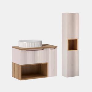 Conjunto lavatório individual 80cm nicho coluna Riva Caxemira madeira