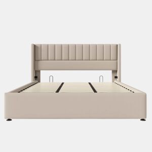 Cama estofada com arrumação hidráulica 180x200 cm - base em madeira e estrutura metálica, linho - bege