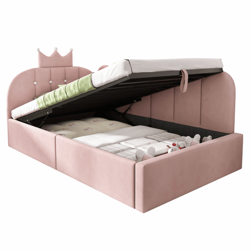 Cama estofada com sofá-cama embutido 90x190 cm - sofá-cama com arrumação hidráulica, design em forma de coroa e grelha em L em veludo, sem colchão - rosa