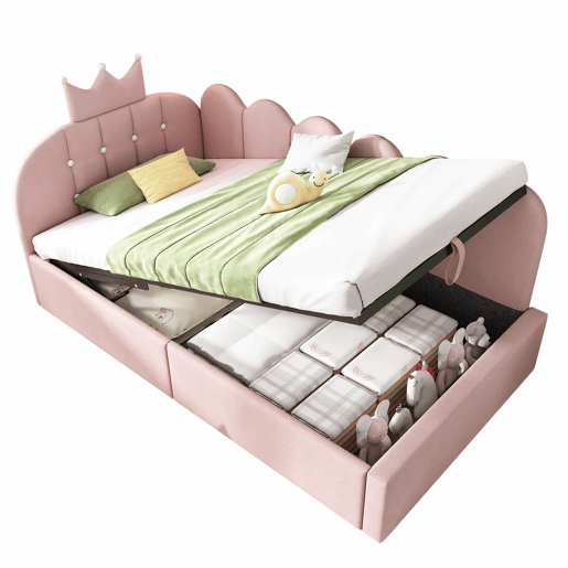 Cama estofada com sofá-cama embutido 90x190 cm - sofá-cama com arrumação hidráulica, design em forma de coroa e grelha em L em veludo, sem colchão - rosa