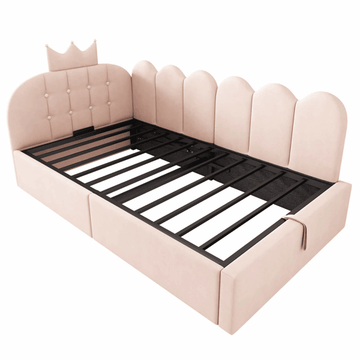 Cama estofada com sofá-cama embutido 90x190 cm - sofá-cama com arrumação hidráulica, design em forma de coroa e grelha em L em veludo, sem colchão - rosa