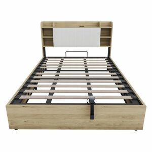 Cama de madeira 180x200 cm - com sistema hidráulico, cabeceira com espaço de arrumação, porta USB e porta Tipo C - cor de madeira