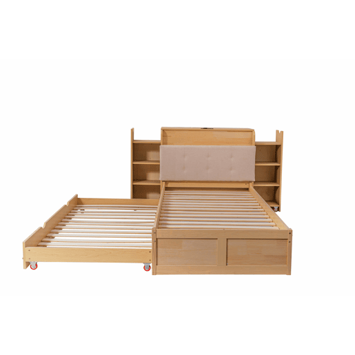 Cama embutida com arrumação 90x200 cm - com cama extraível, cabeceira estofada e porta USB, design compacto para crianças e adultos - cor de madeira natural