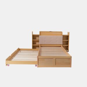 Cama embutida com arrumação 90x200 cm - com cama extraível, cabeceira estofada e porta USB, design compacto para crianças e adultos - cor de madeira natural