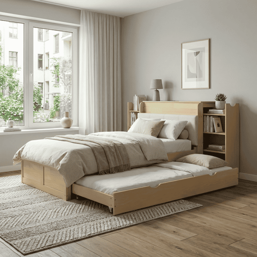 Cama embutida com arrumação 90x200 cm - com cama extraível, cabeceira estofada e porta USB, design compacto para crianças e adultos - cor de madeira natural