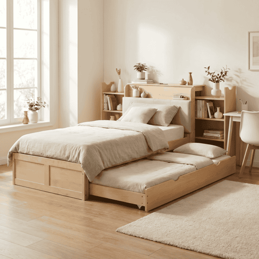 Cama embutida com arrumação 90x200 cm - com cama extraível, cabeceira estofada e porta USB, design compacto para crianças e adultos - cor de madeira natural