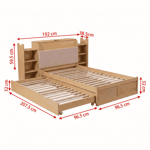 Cama embutida com arrumação 90x200 cm - com cama extraível, cabeceira estofada e porta USB, design compacto para crianças e adultos - cor de madeira natural