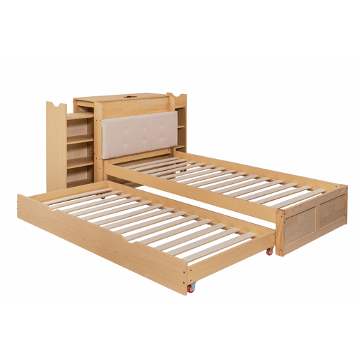 Cama embutida com arrumação 90x200 cm - com cama extraível, cabeceira estofada e porta USB, design compacto para crianças e adultos - cor de madeira natural