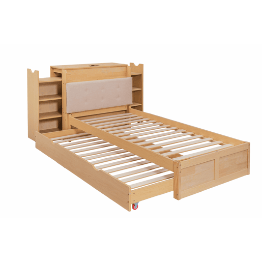 Cama embutida com arrumação 90x200 cm - com cama extraível, cabeceira estofada e porta USB, design compacto para crianças e adultos - cor de madeira natural