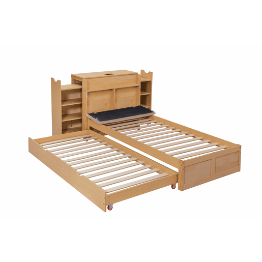 Cama embutida com arrumação 90x200 cm - com cama extraível, cabeceira estofada e porta USB, design compacto para crianças e adultos - cor de madeira natural
