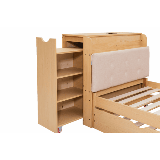 Cama embutida com arrumação 90x200 cm - com cama extraível, cabeceira estofada e porta USB, design compacto para crianças e adultos - cor de madeira natural