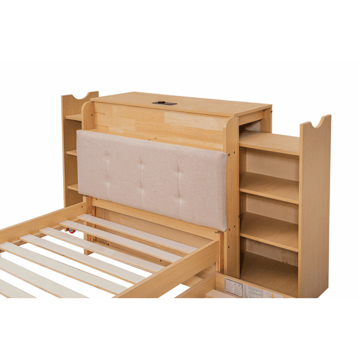 Cama embutida com arrumação 90x200 cm - com cama extraível, cabeceira estofada e porta USB, design compacto para crianças e adultos - cor de madeira natural