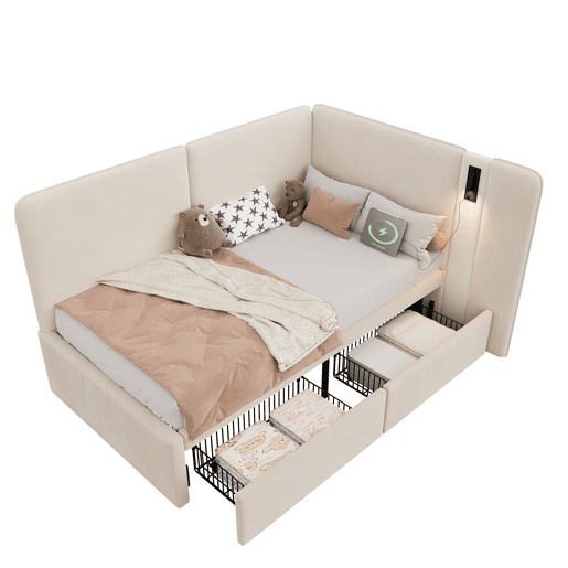 Cama de criança,cama de solteiro de veludo 90x200 cm,bege