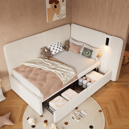 Cama de criança,cama de solteiro de veludo 90x200 cm,bege