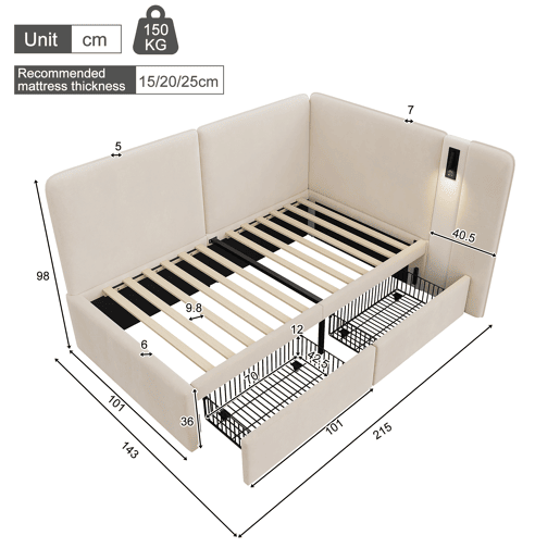 Cama de criança,cama de solteiro de veludo 90x200 cm,bege