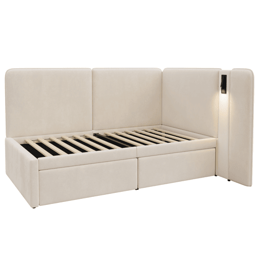 Cama de criança,cama de solteiro de veludo 90x200 cm,bege
