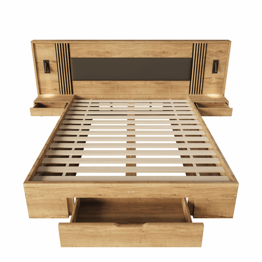 Cama de casal 180x200 cm - cama com arrumação, em madeira, com candeeiro de leitura, 2 mesas de cabeceira, gavetas - cor natural