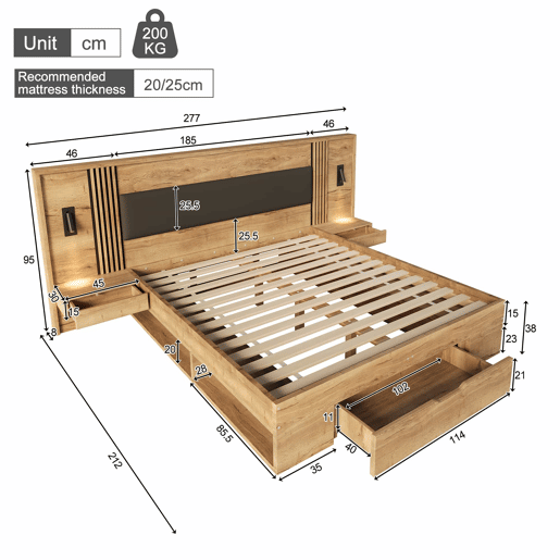 Cama de casal 180x200 cm - cama com arrumação, em madeira, com candeeiro de leitura, 2 mesas de cabeceira, gavetas - cor natural
