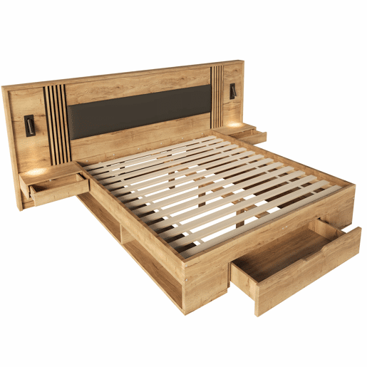 Cama de casal 180x200 cm - cama com arrumação, em madeira, com candeeiro de leitura, 2 mesas de cabeceira, gavetas - cor natural