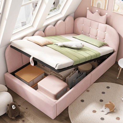 Cama de criança,cama de solteiro de veludo 90x200 cm com armazenamento,rosa