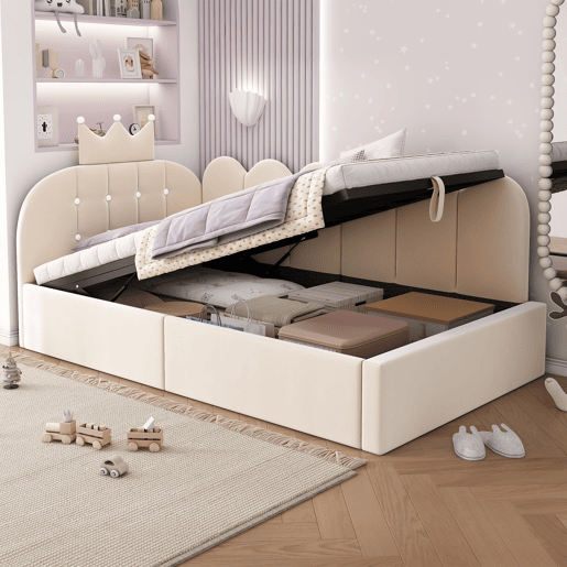 Cama de criança,cama de solteiro de veludo 90x200 cm com armazenamento,bege