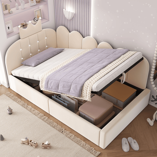 Cama de criança,cama de solteiro de veludo 90x200 cm com armazenamento,bege