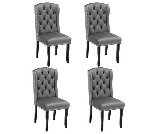 Juego de 4 sillas de terciopelo con patas de roble - decoradas con remaches - gris