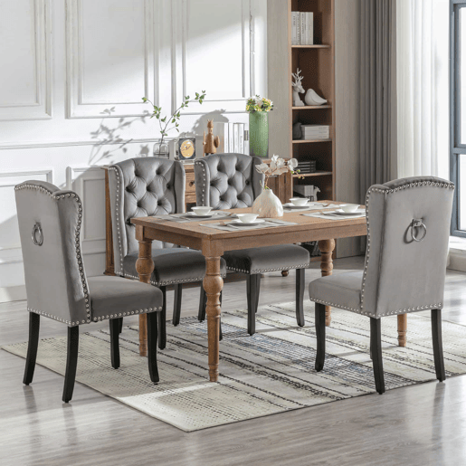 Conjunto de 4 cadeiras de veludo com pernas de carvalho - decoradas com rebites - Cinzento