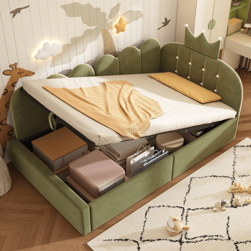 Cama de criança,cama de solteiro de veludo 90x200 cm com armazenamento,verde