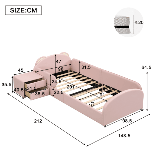 Cama de criança,cama de solteiro de pu 90x200 cm,rosa