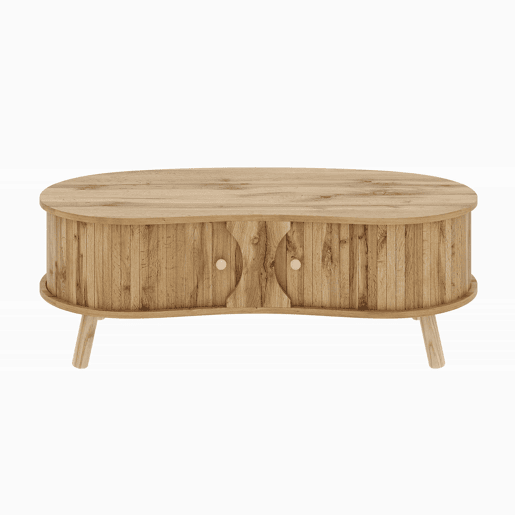 Mesa de centro oval - com portas de correr, design canelado, efeito de madeira, pés em madeira maciça, MDF - cor natural