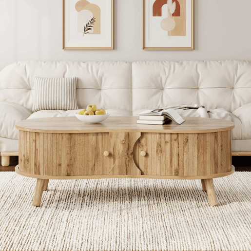Mesa de centro oval - com portas de correr, design canelado, efeito de madeira, pés em madeira maciça, MDF - cor natural