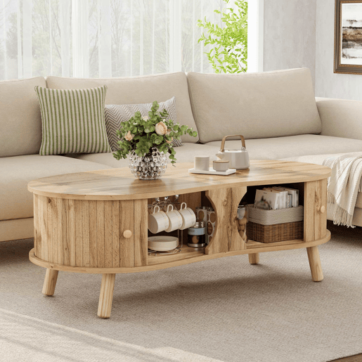 Mesa de centro oval - com portas de correr, design canelado, efeito de madeira, pés em madeira maciça, MDF - cor natural