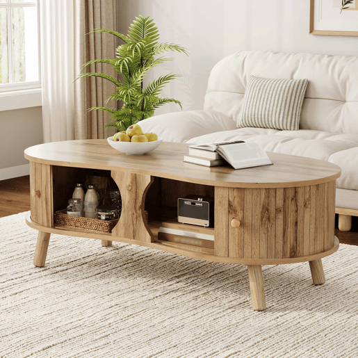 Mesa de centro oval - com portas de correr, design canelado, efeito de madeira, pés em madeira maciça, MDF - cor natural