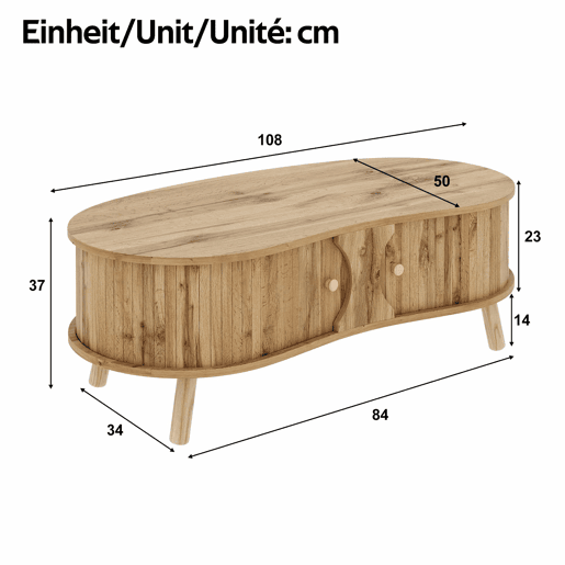 Mesa de centro oval - com portas de correr, design canelado, efeito de madeira, pés em madeira maciça, MDF - cor natural