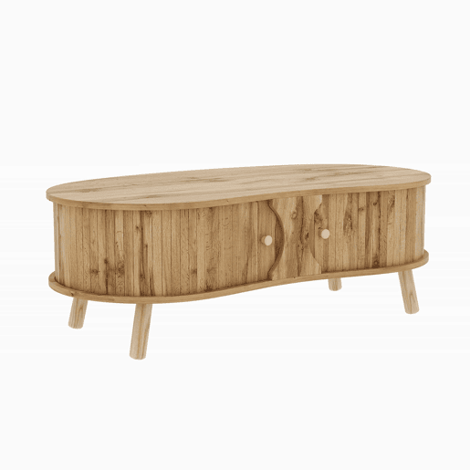 Mesa de centro oval - com portas de correr, design canelado, efeito de madeira, pés em madeira maciça, MDF - cor natural
