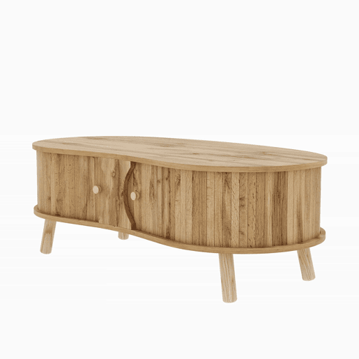 Mesa de centro oval - com portas de correr, design canelado, efeito de madeira, pés em madeira maciça, MDF - cor natural