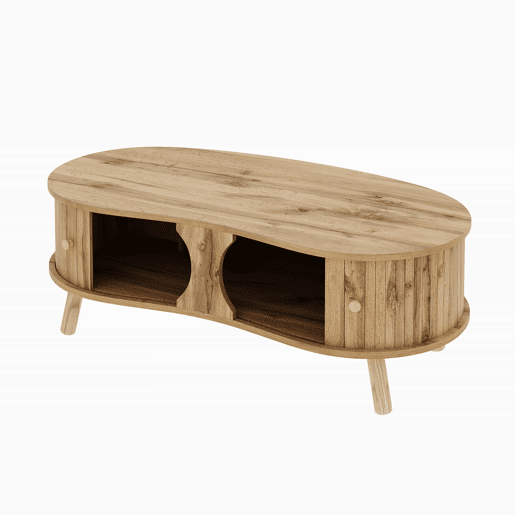 Mesa de centro oval - com portas de correr, design canelado, efeito de madeira, pés em madeira maciça, MDF - cor natural
